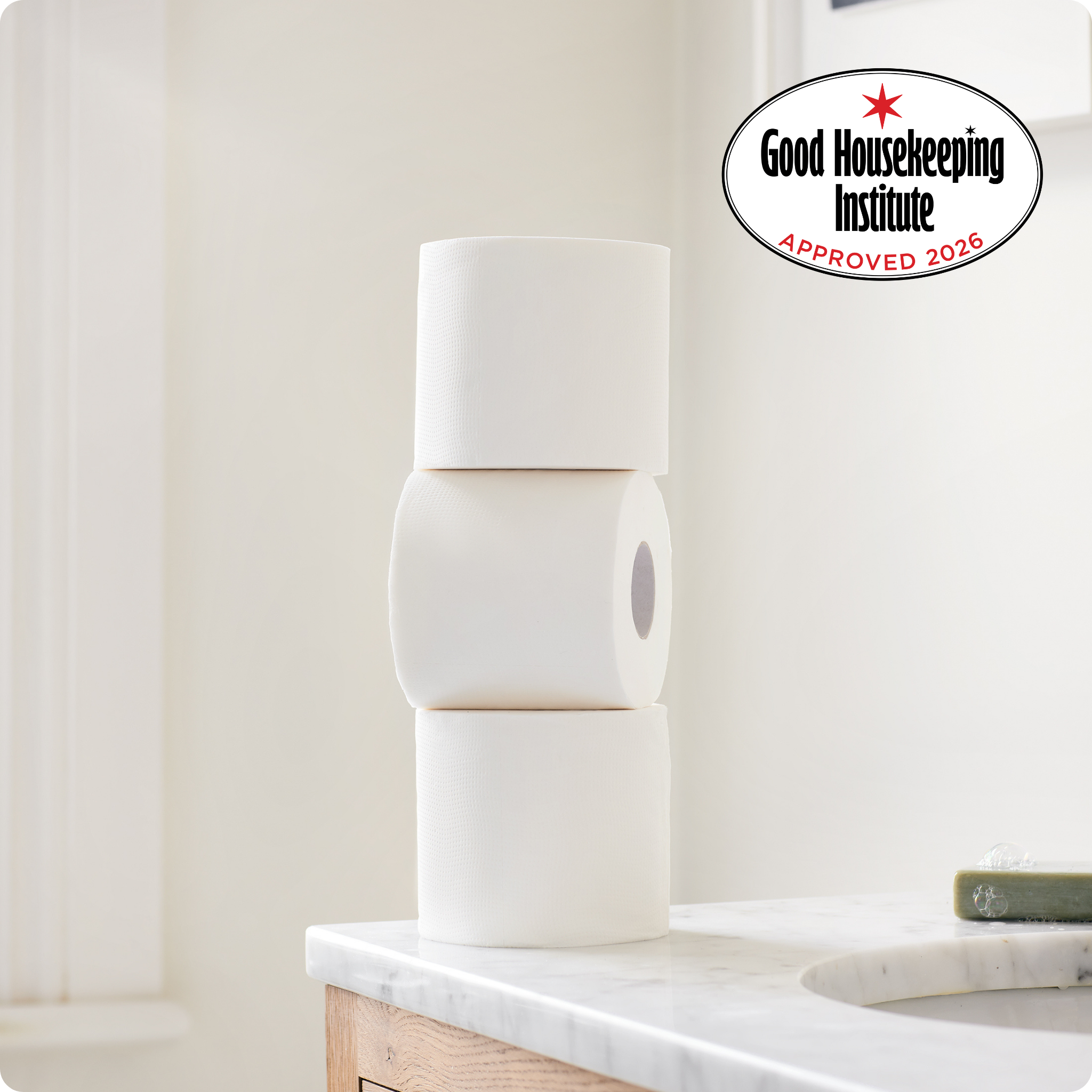 Bamboo toilet paper in bathroom with Good Housekeeping Institute approval 2026