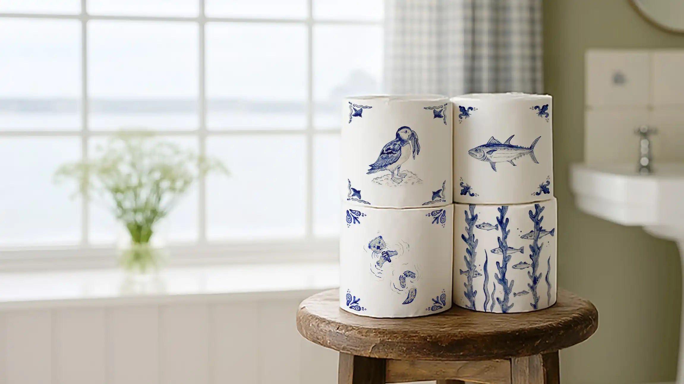 A wooden stool with four stacked toilet rolls with english deflt style wrappers featuring puffin, otter and tuna.