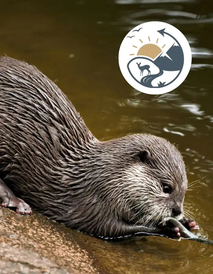 River otter by a rock with a logo in the corner