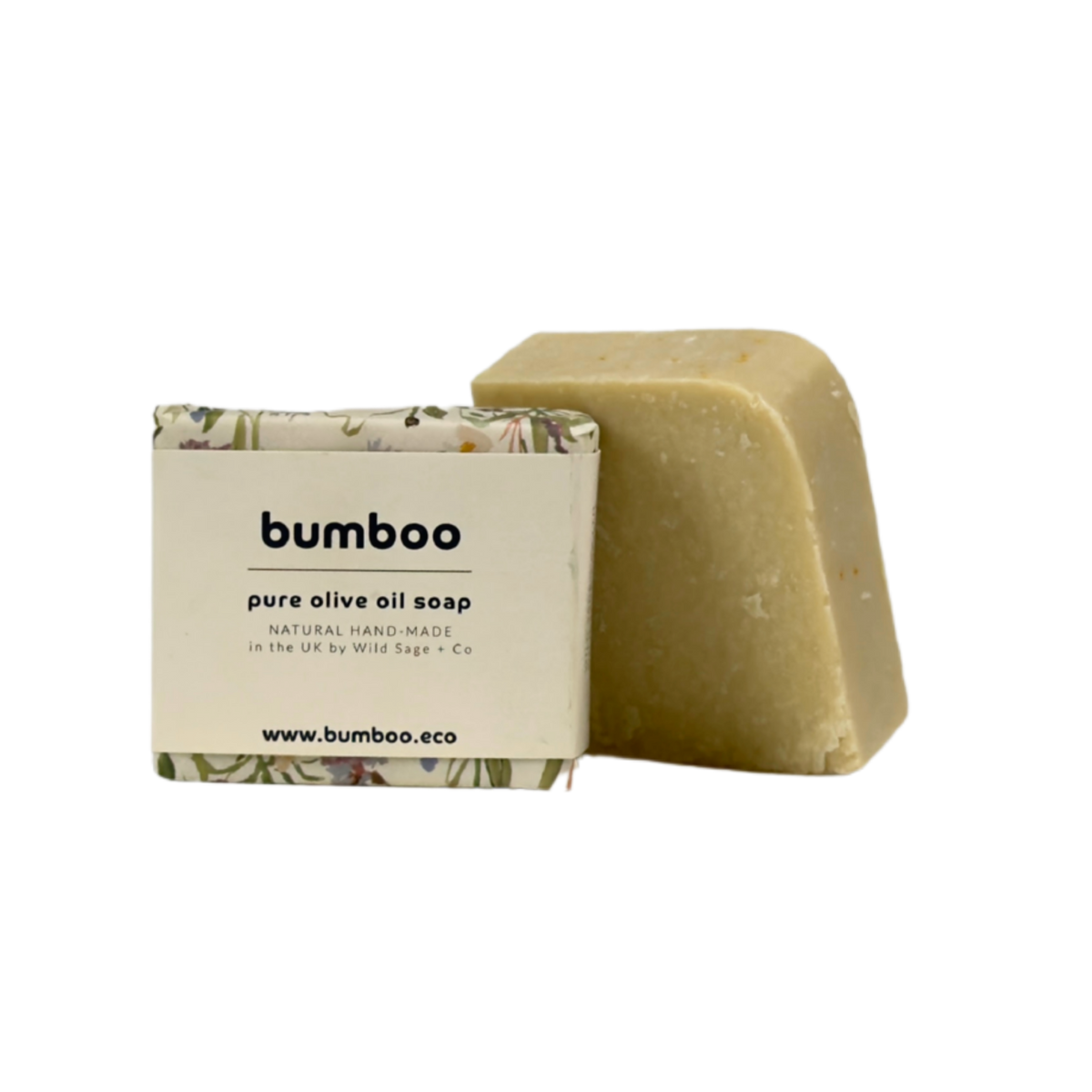 Bumboo pure olive oil soap with packaging on a white background