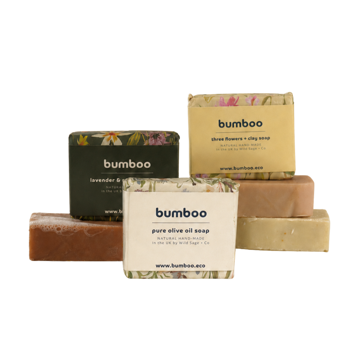 Collection of Bumboo soaps and packaging on a white background
