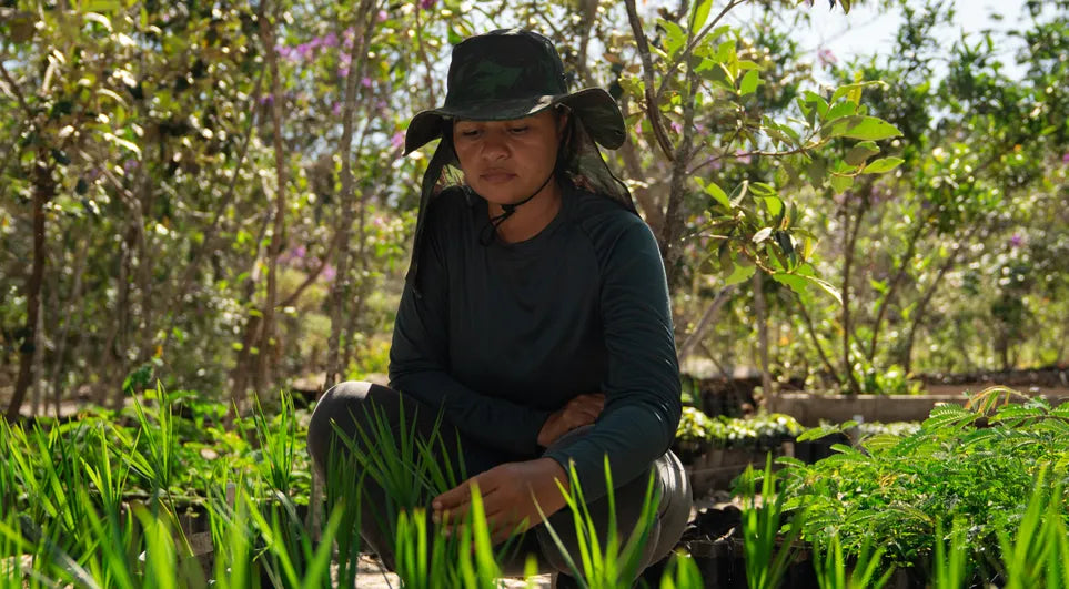 Woman sitting in field planting trees