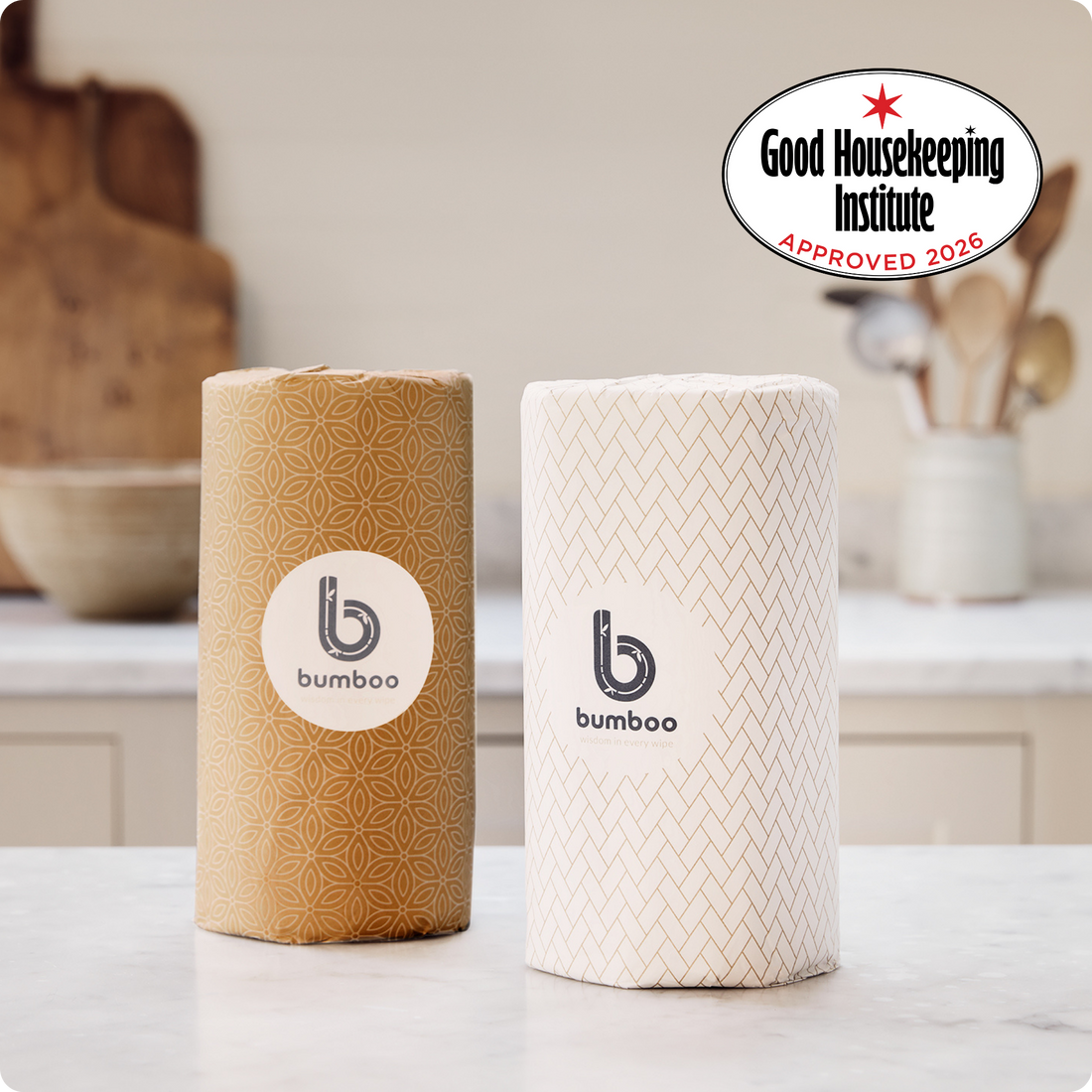 Two rolls of bumboo paper towels on a kitchen counter with Good Housekeeping Institute approval logo.