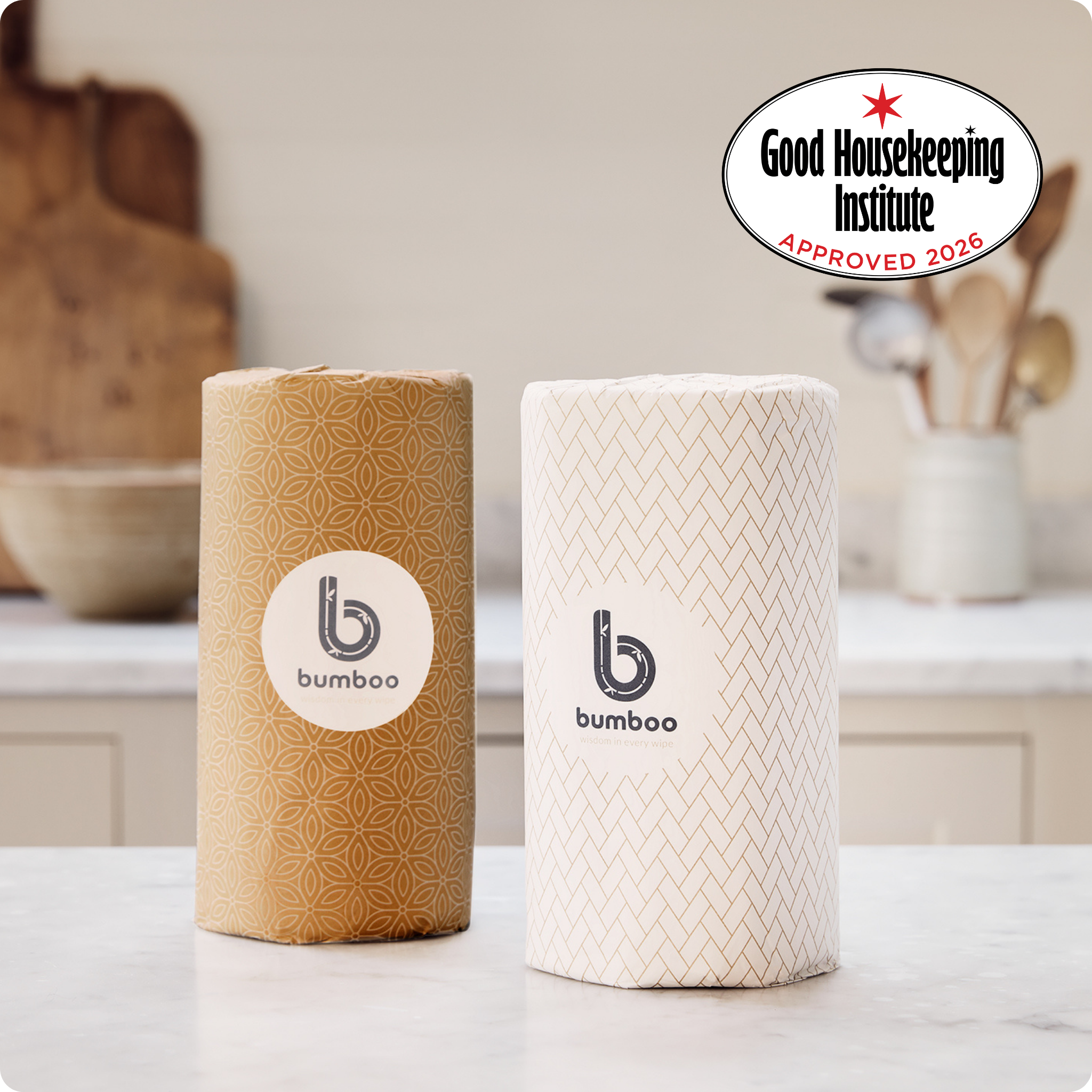 Two rolls of bumboo paper towels on a kitchen counter with Good Housekeeping Institute approval logo.
