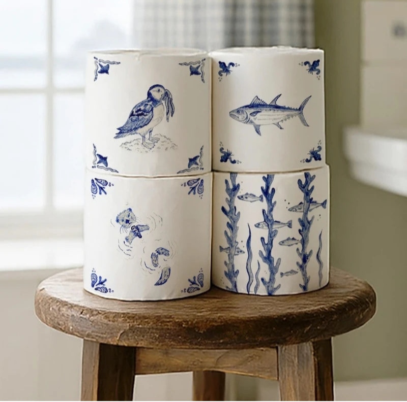 Bamboo toilet paper with an english delft wrapper design