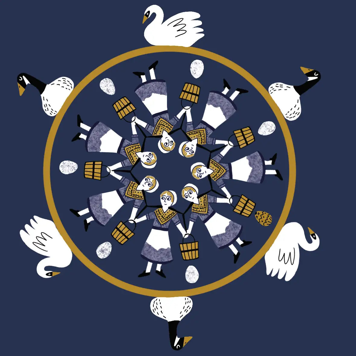 Illustrated Christmas design with swans and people on a navy background