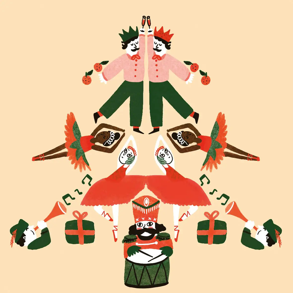 Illustration of a festive scene with characters in holiday attire on a beige background