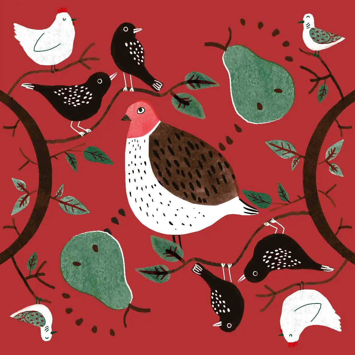 Illustration of birds and pears on a red background