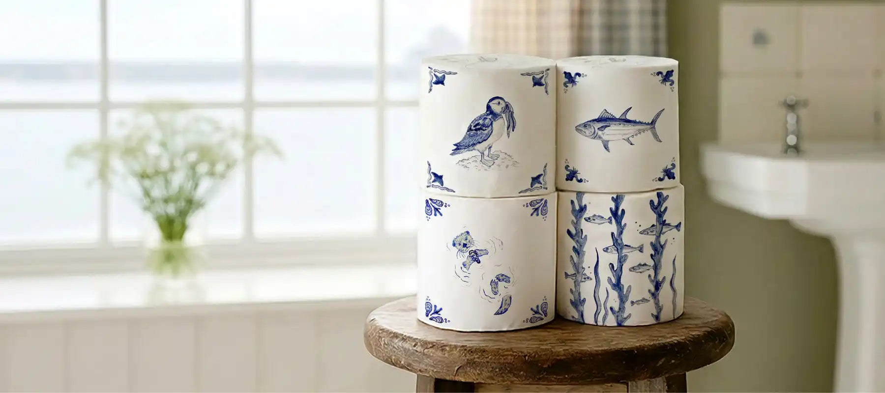 Three rolls of toilet paper with animal designs on a wooden stool in a bathroom.