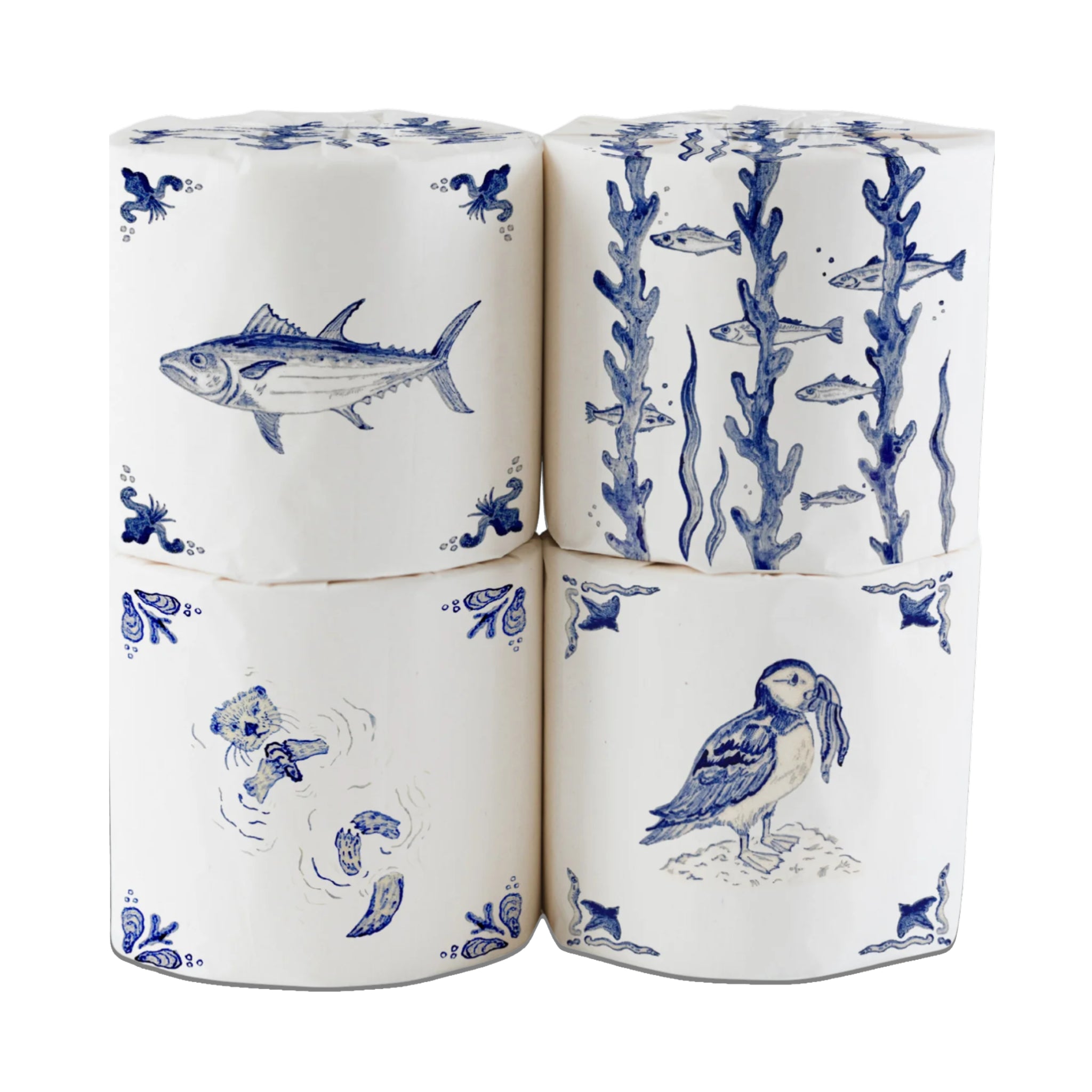 Four rolls of paper towels with blue marine-themed designs on a white background