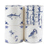 Four rolls of paper towels with blue marine-themed designs on a white background