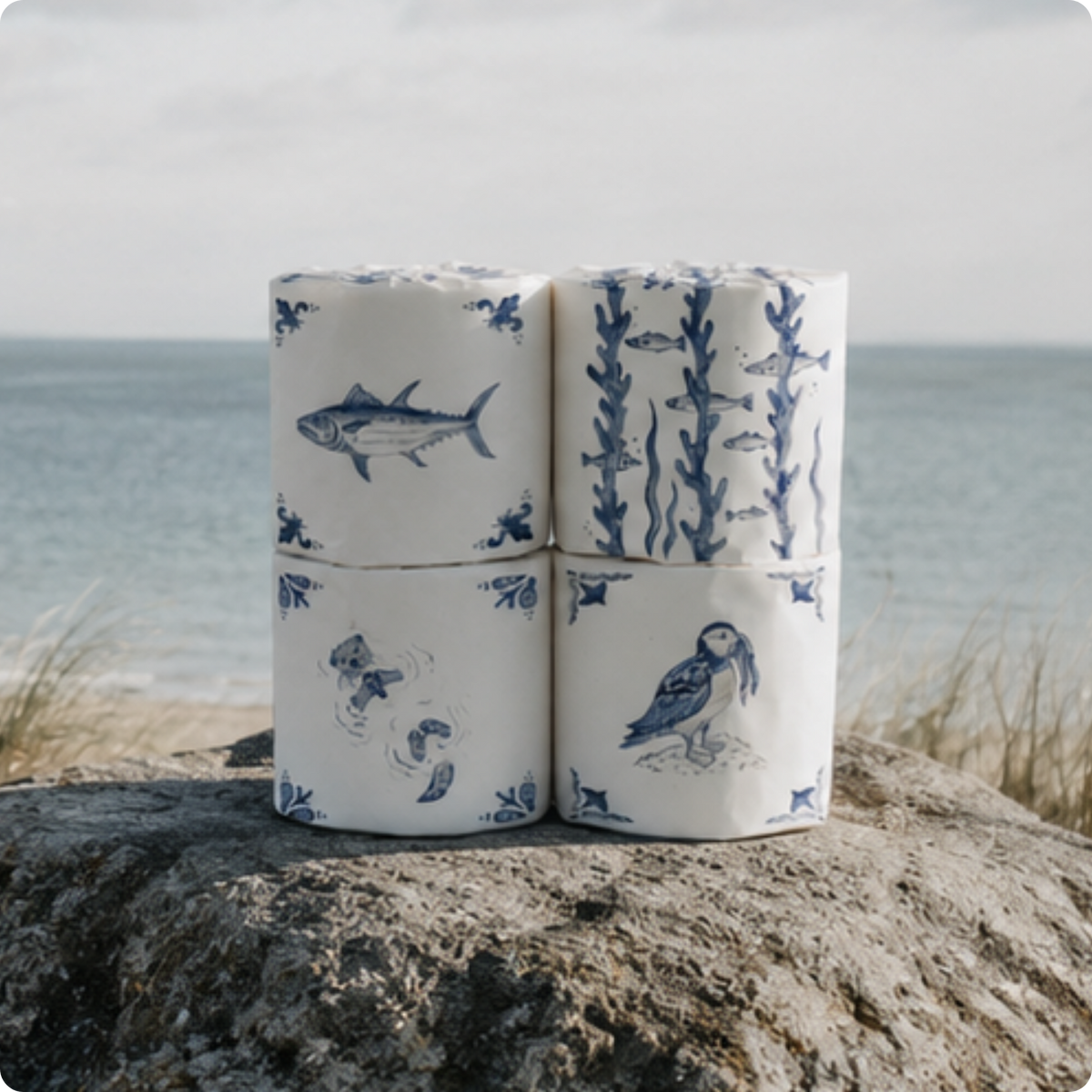 Four rolls of wrapped toilet paper with blue ocean-themed designs on a rock by the water.