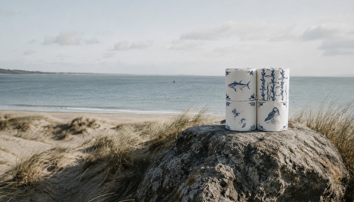 Four wrapped bamboo toilet rolls with a scenic beach background