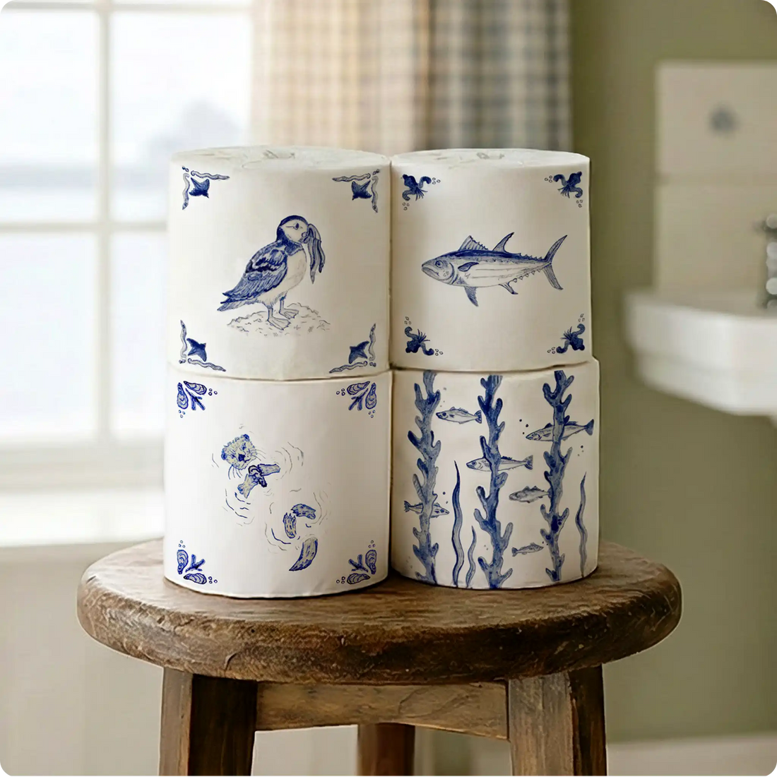 Stack of decorative toilet paper rolls with blue animal illustrations on a wooden stool in a bathroom setting.