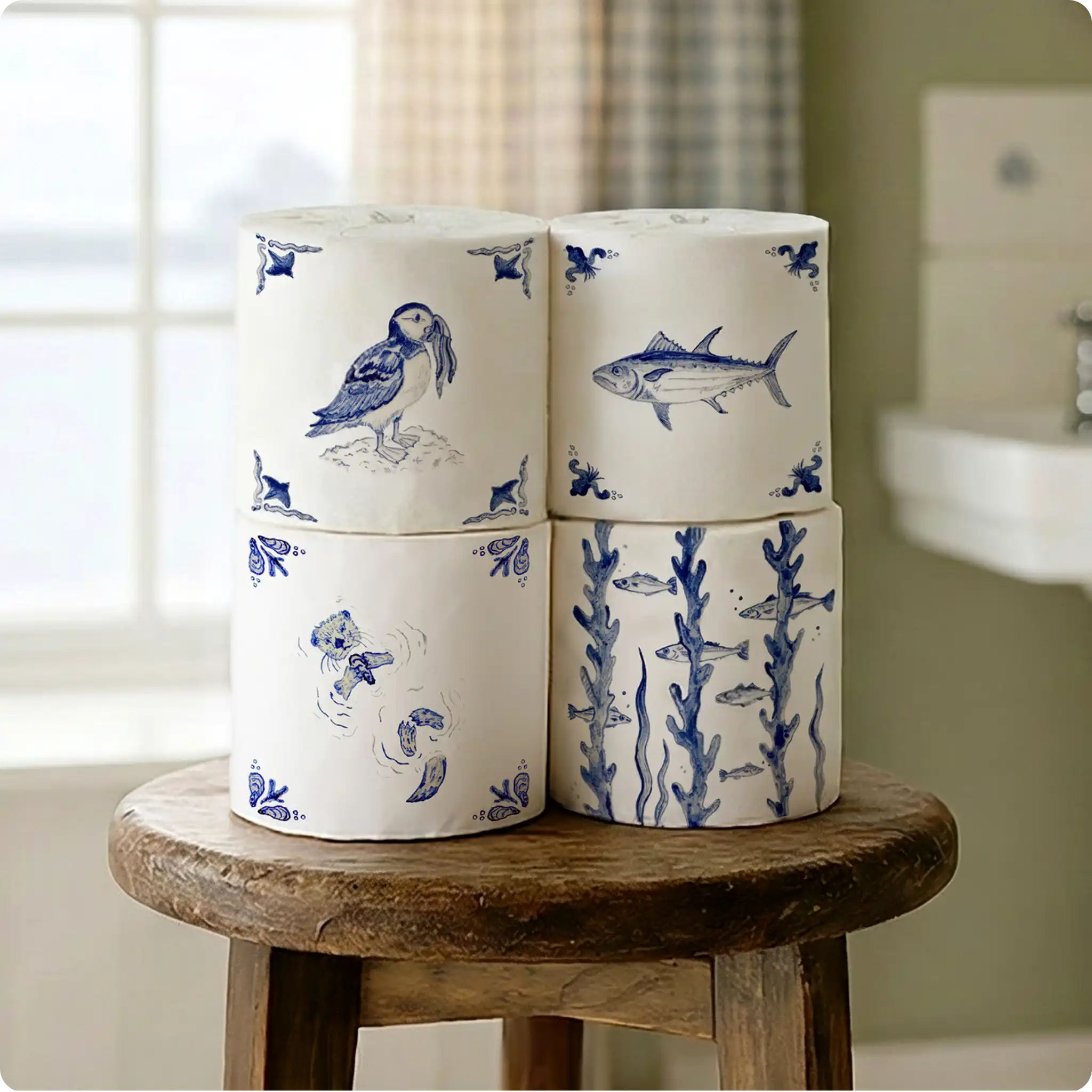 Stack of decorative toilet paper rolls with blue animal illustrations on a wooden stool in a bathroom setting.