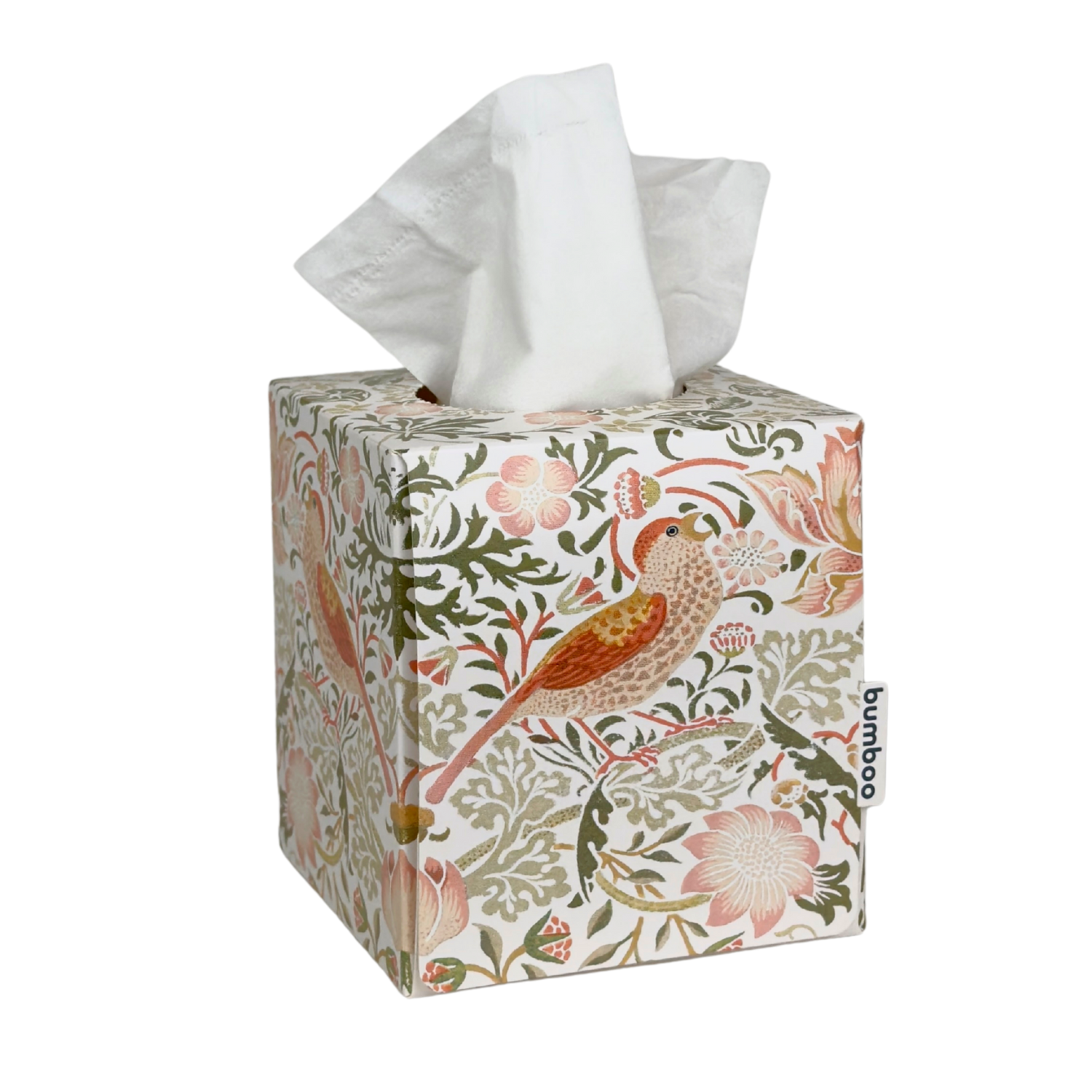 A square tissue box cover with a white tissue protruding from the top, decorated with a classic William Morris floral and bird pattern in muted pink, green, and brown tones. A small side tag reads &