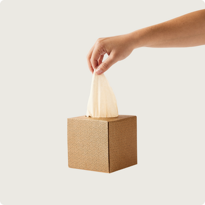 facial tissue being pulled from brown box