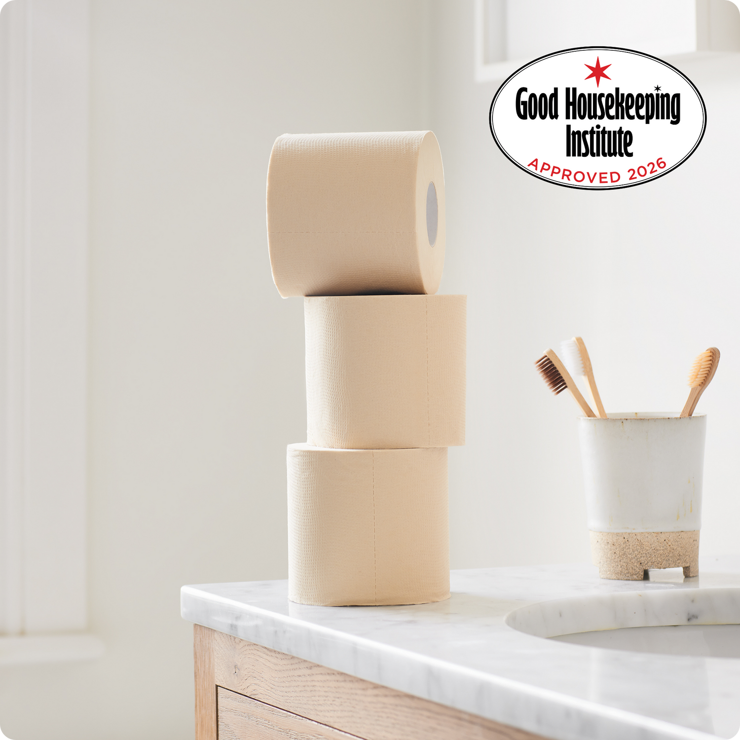 Stacked toilet paper in a bathroom with Good Housekeeping Institute approval for 2026