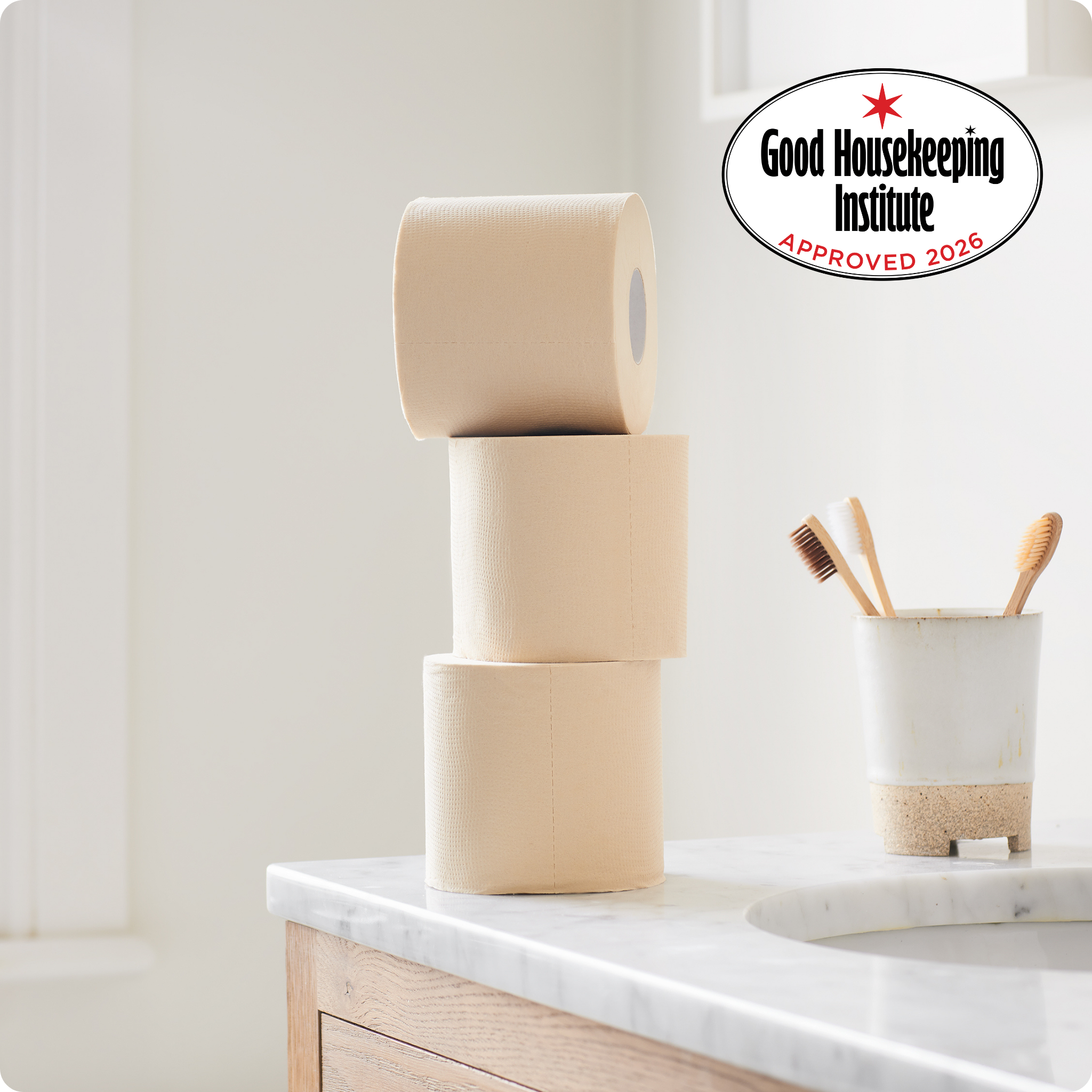 Stacked toilet paper in a bathroom with Good Housekeeping Institute approval for 2026