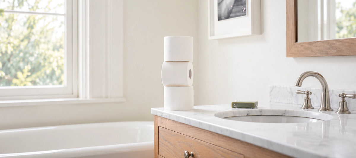Three stacked white toilet paper rolls standing on a bathroom vanity next to a sink with a chrome faucet, with a window and bathtub in the background.