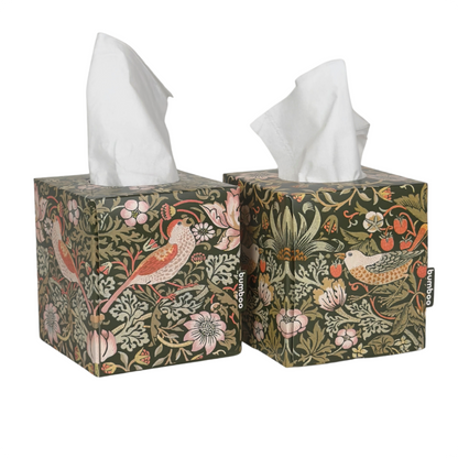 Two square tissue boxes with white tissues protruding, decorated with a detailed botanical and bird pattern in muted green, pink, orange, and beige tones. A small side tag reads &