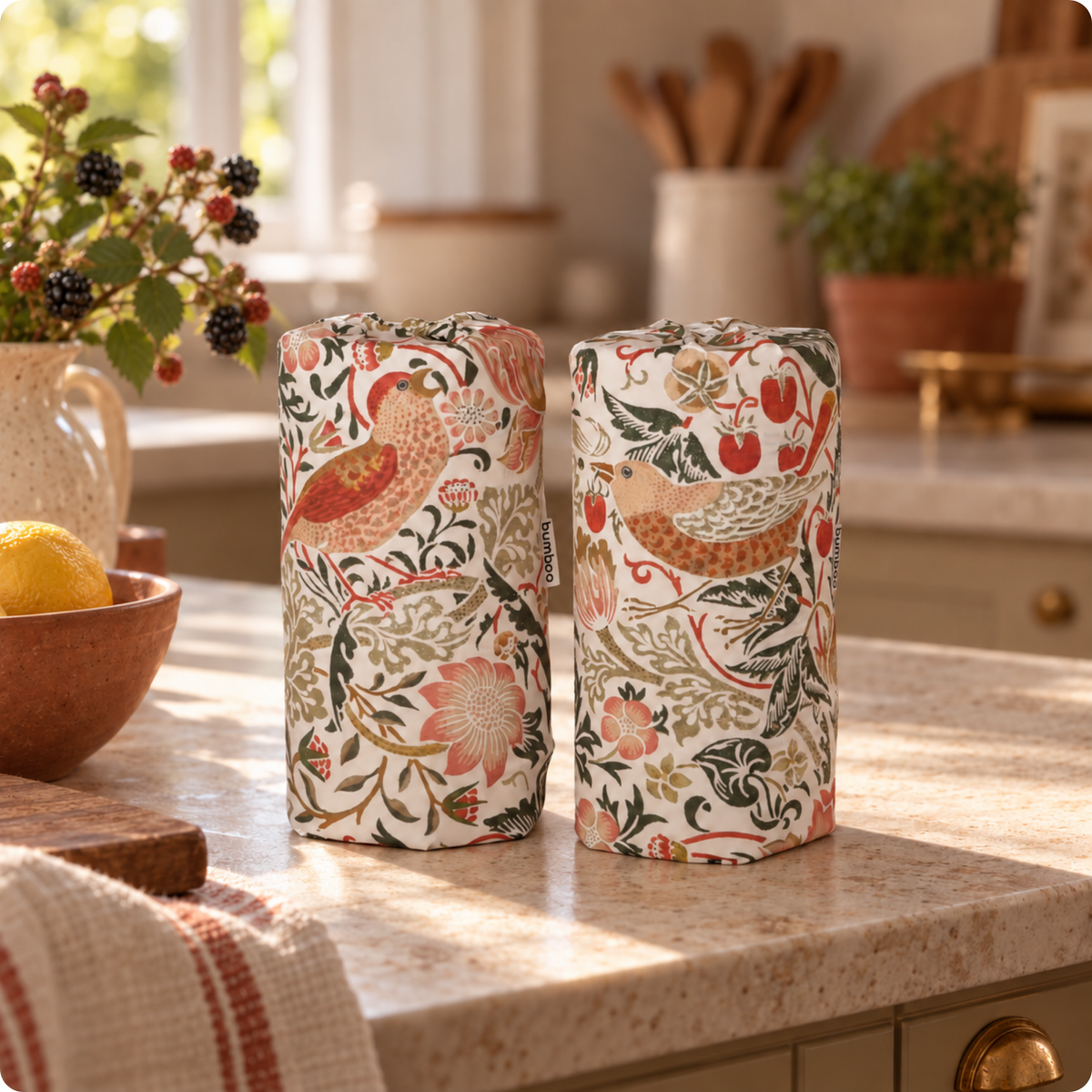 Two bamboo kitchen rolls wrapped in William Morris&