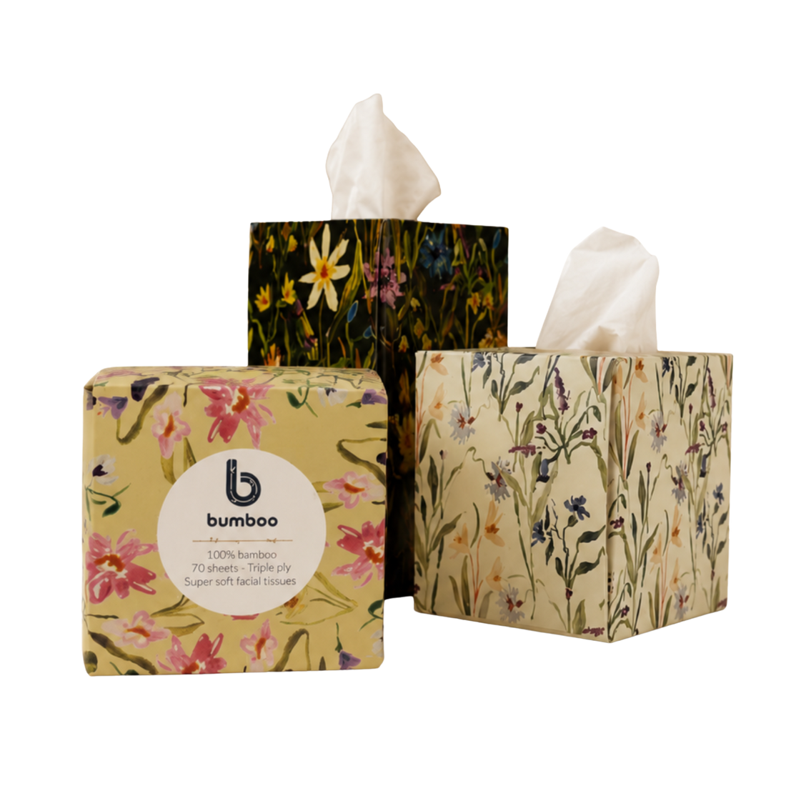 three boxes of facial tissues