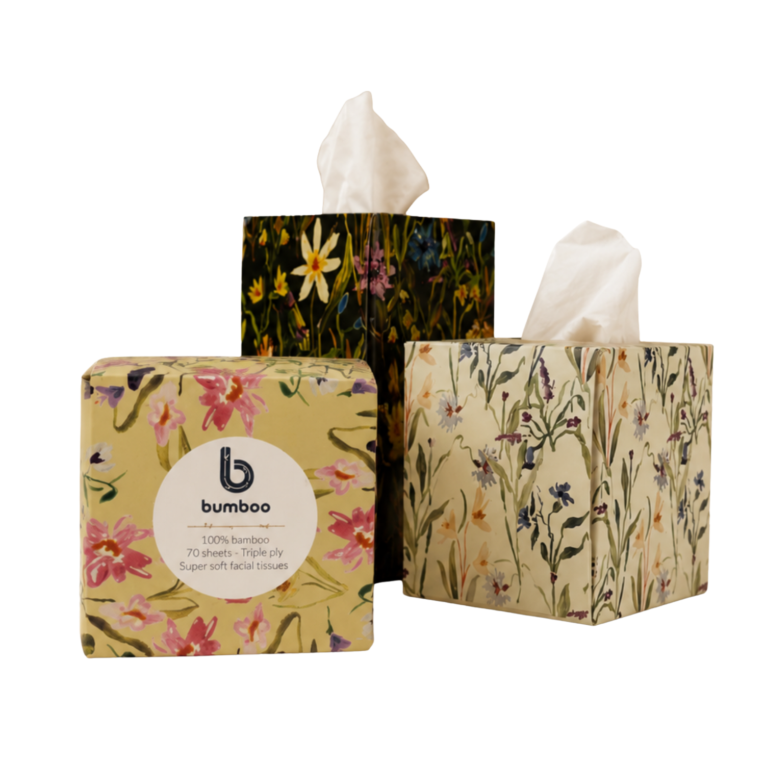 three boxes of facial tissues