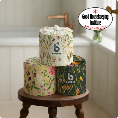 Three floral stacked wrapped bamboo toilet rolls