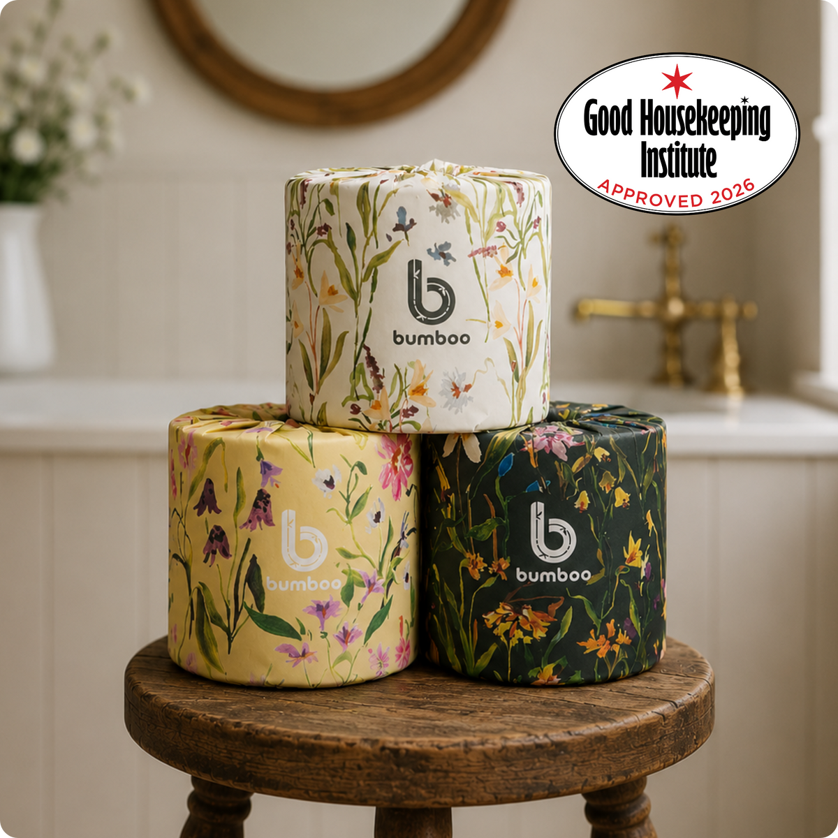 Three rolls of bamboo toilet paper with floral designs on a wooden stool, Good Housekeeping Institute logo visible.