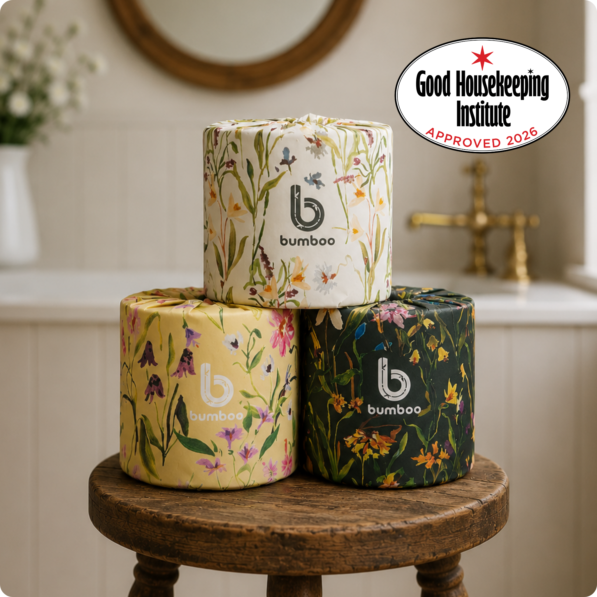 Three rolls of bamboo toilet paper with floral designs on a wooden stool, Good Housekeeping Institute logo visible.