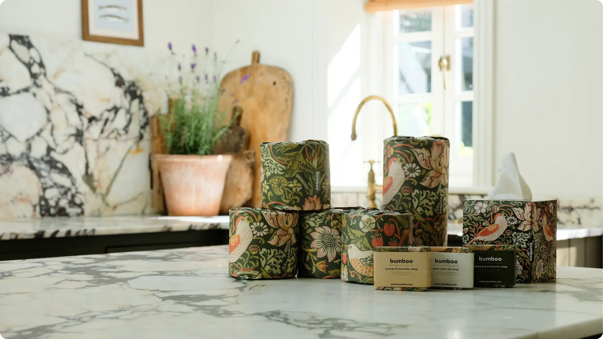 William Morris Collection of wrapped bamboo products on a kitchen worktop