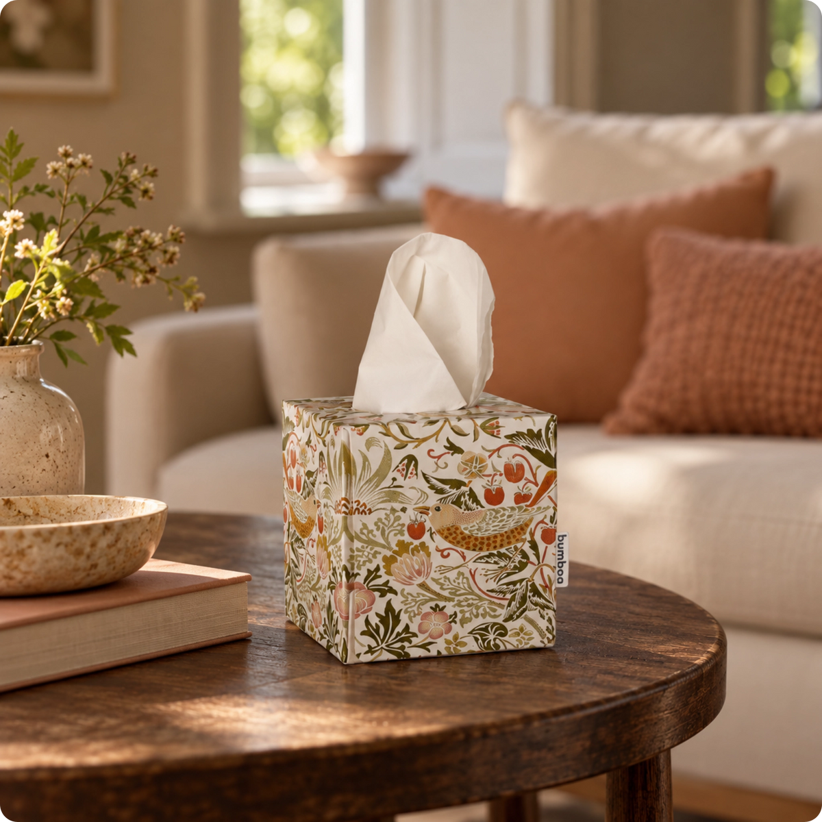 William morris facial tissue box in livingroom