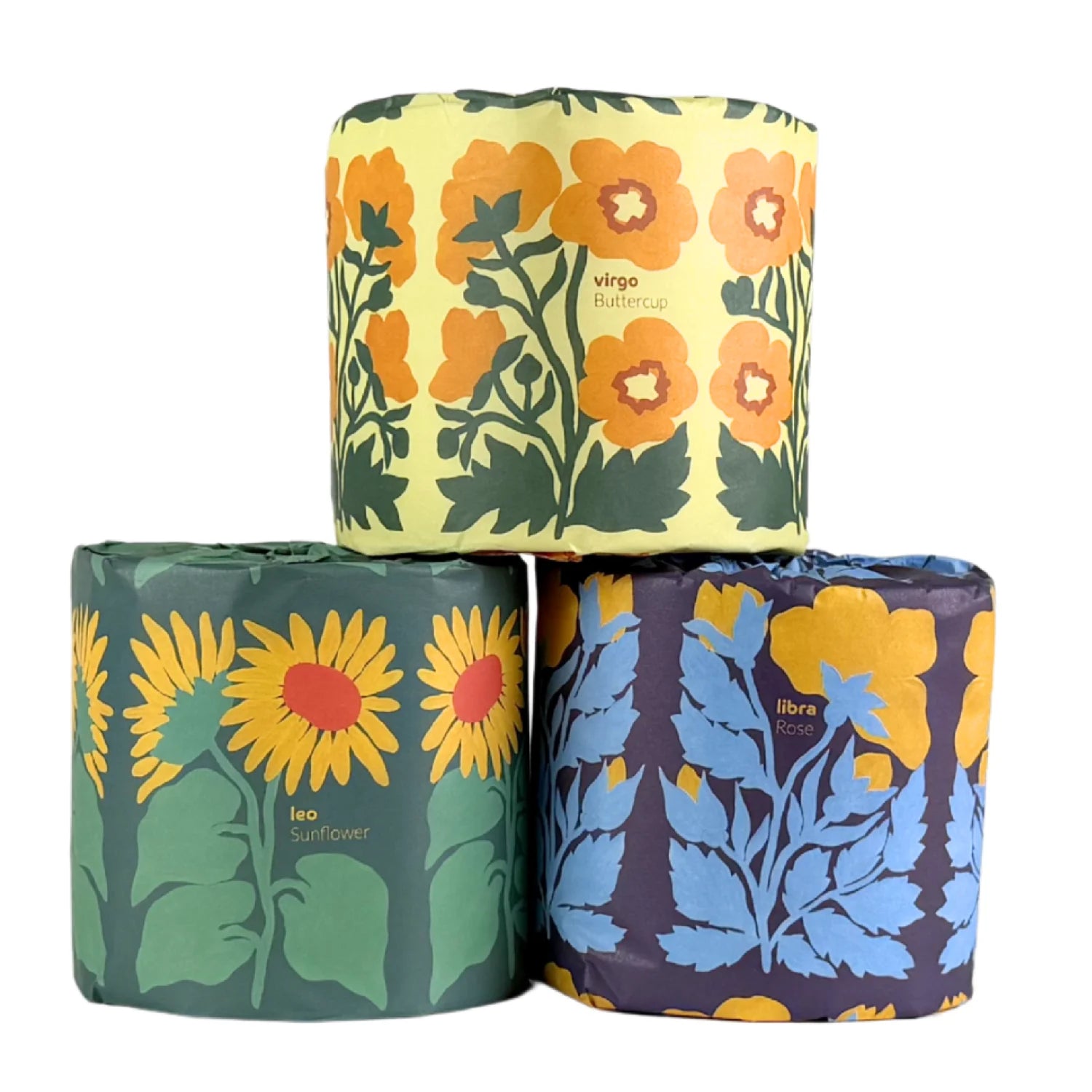 Bamboo toilet paper wrapped in a zodiac flower design