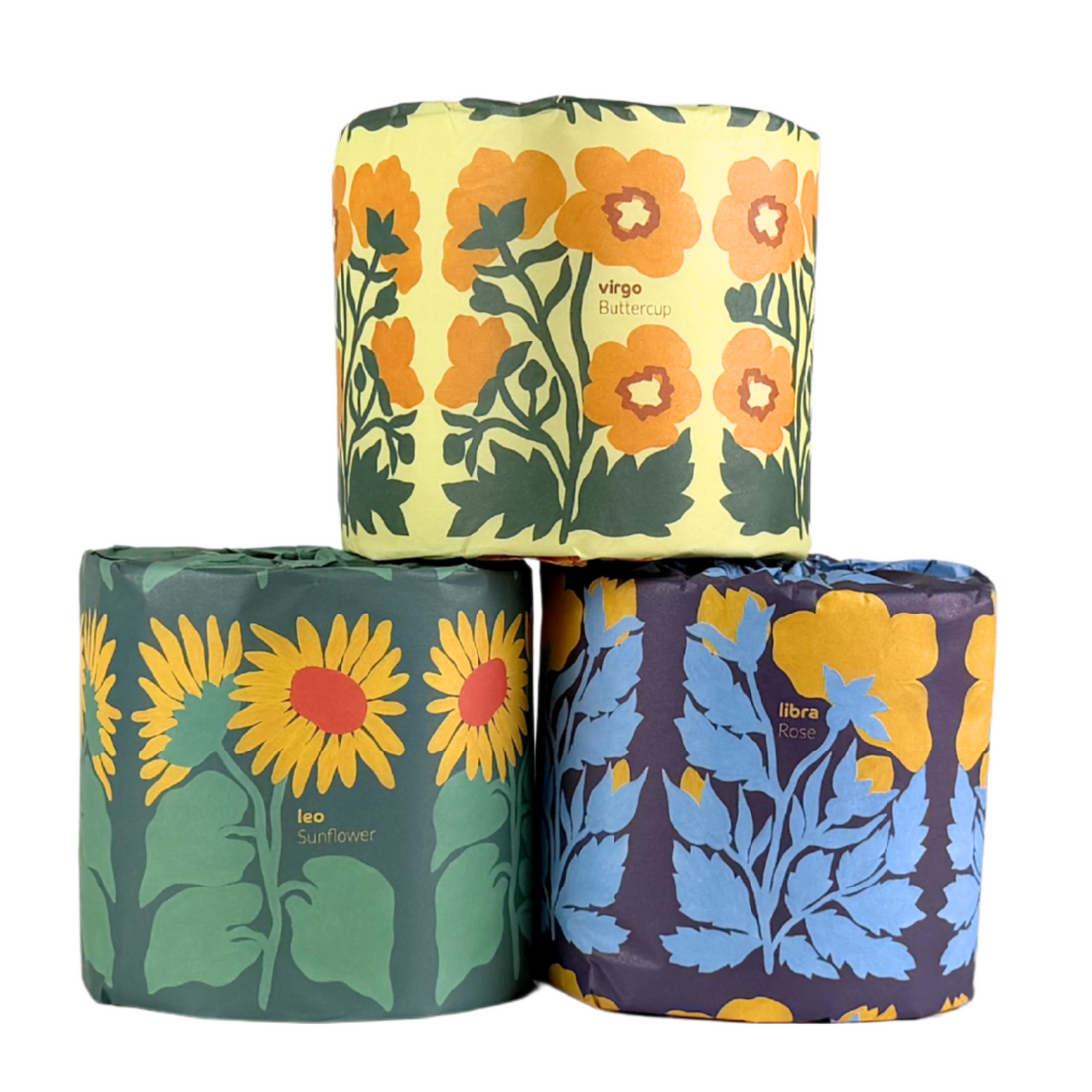 Bamboo toilet paper wrapped in a zodiac flower design