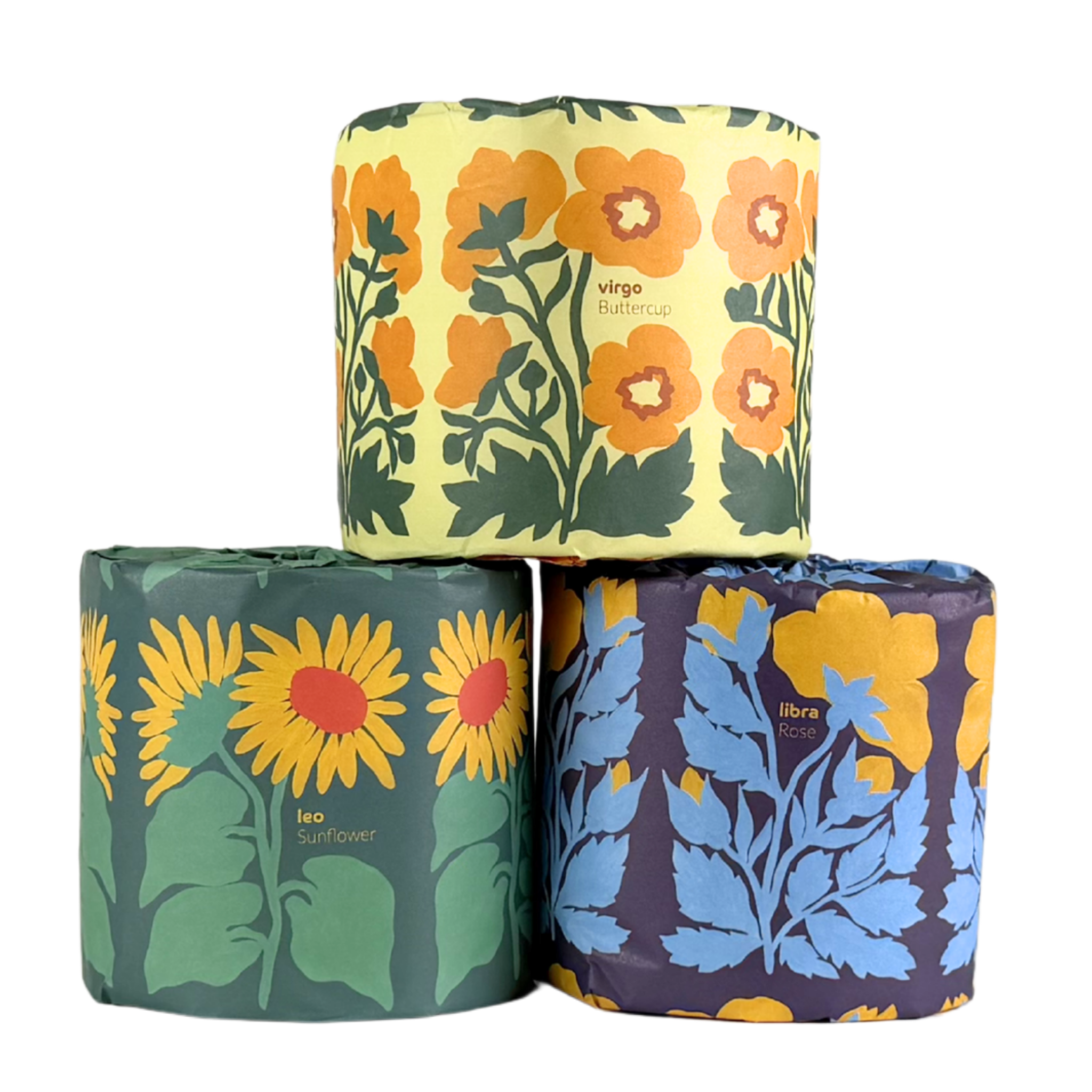 Bamboo toilet paper wrapped in a zodiac flower design