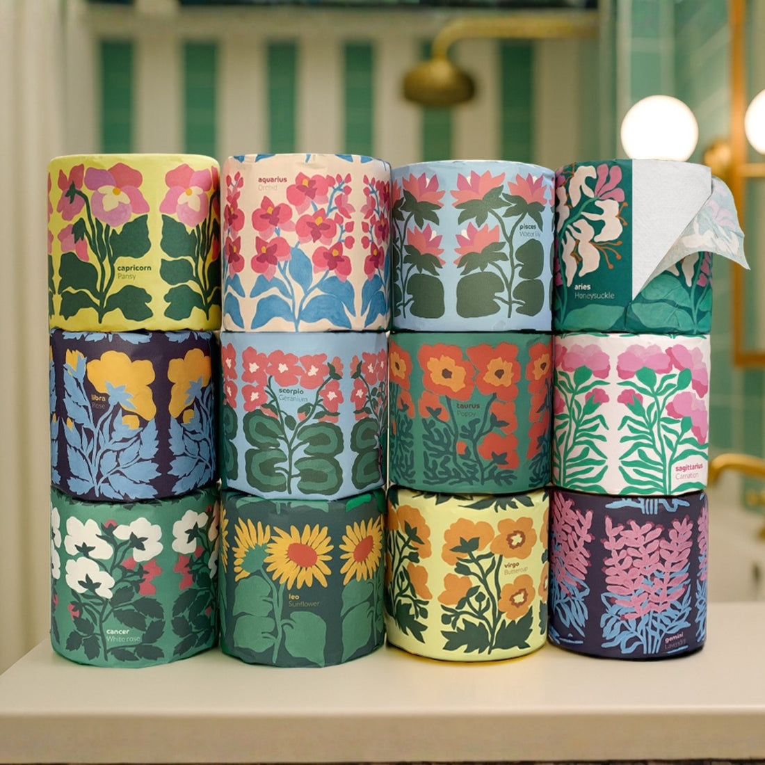 Colourful stacked toilet rolls in bathroom