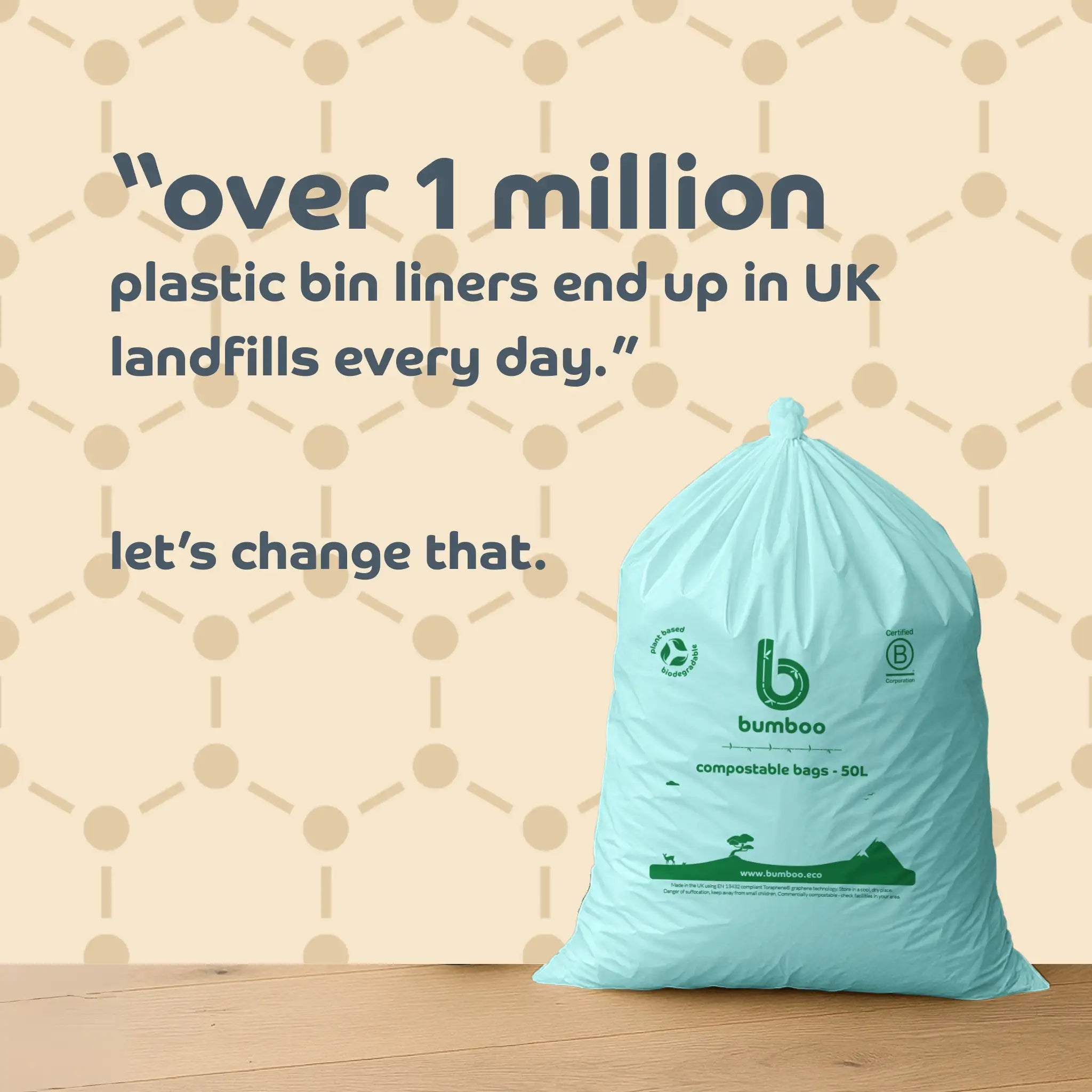 Bumboo compostable bin bag with text about plastic waste reduction on a beige background