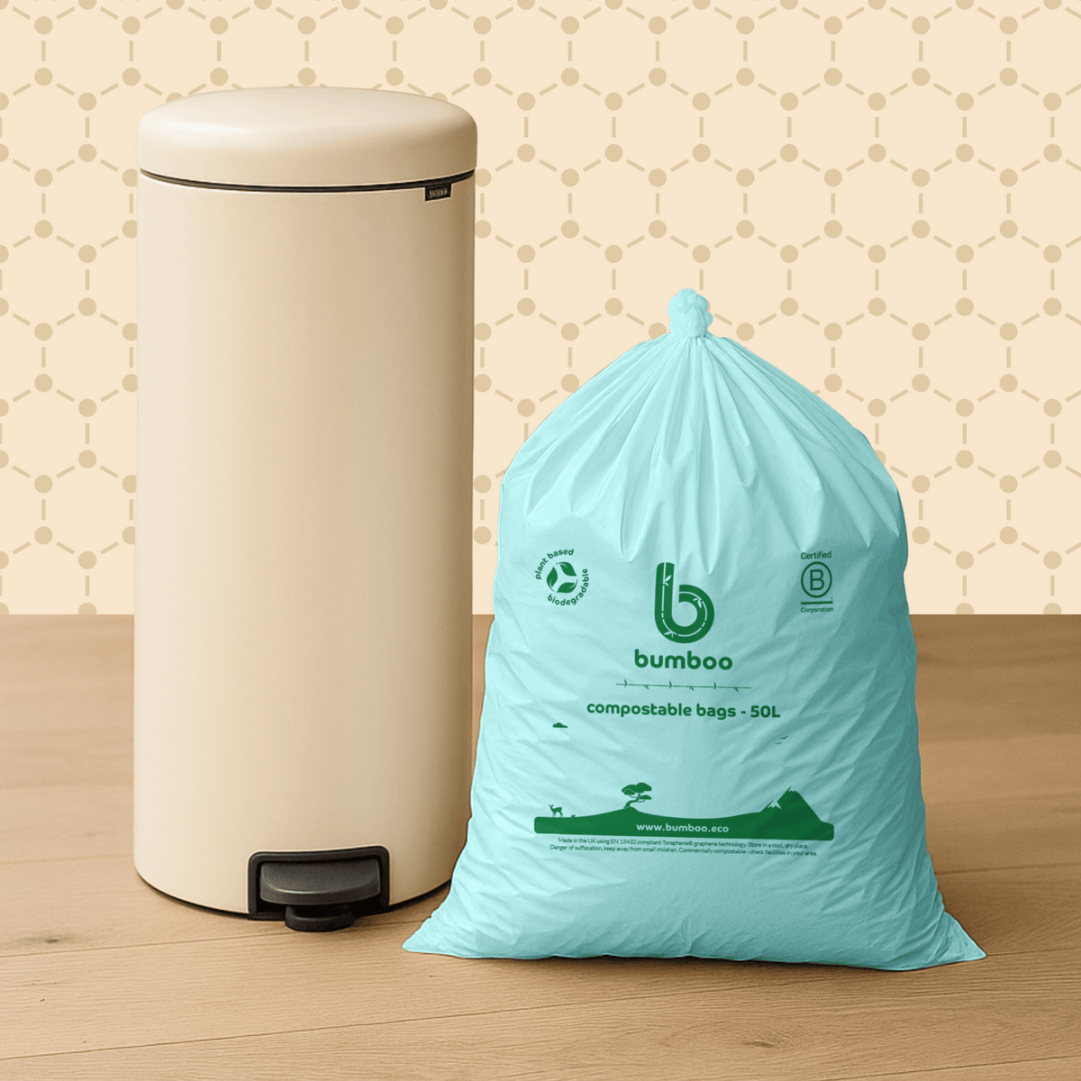 plant based bin bag next to a bin