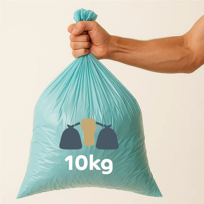 Hand holding a light blue trash bag with waste icons and &