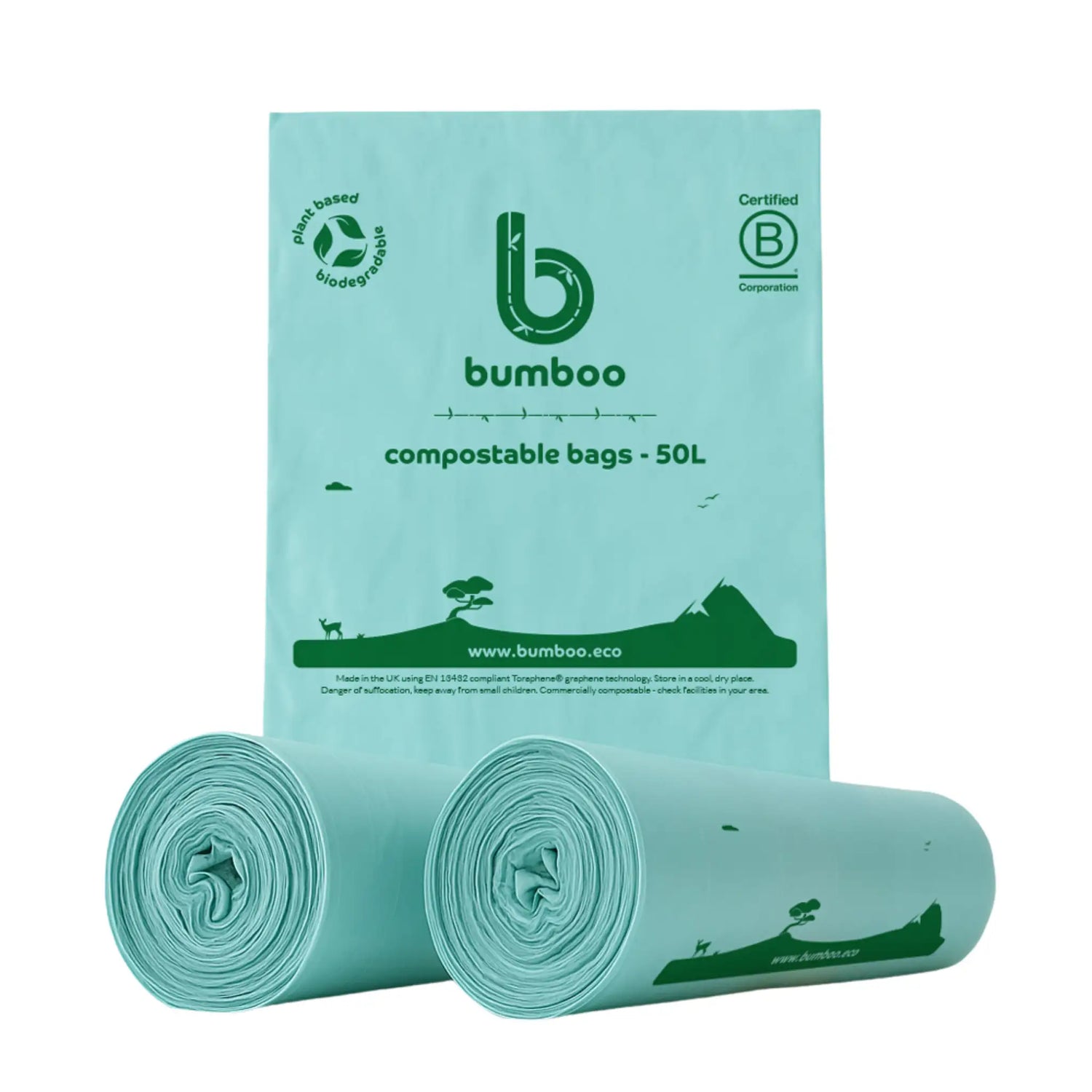 Rolls of green compostable bin bags with Bumboo branding on a white background