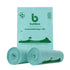 Rolls of green compostable bin bags with Bumboo branding on a white background