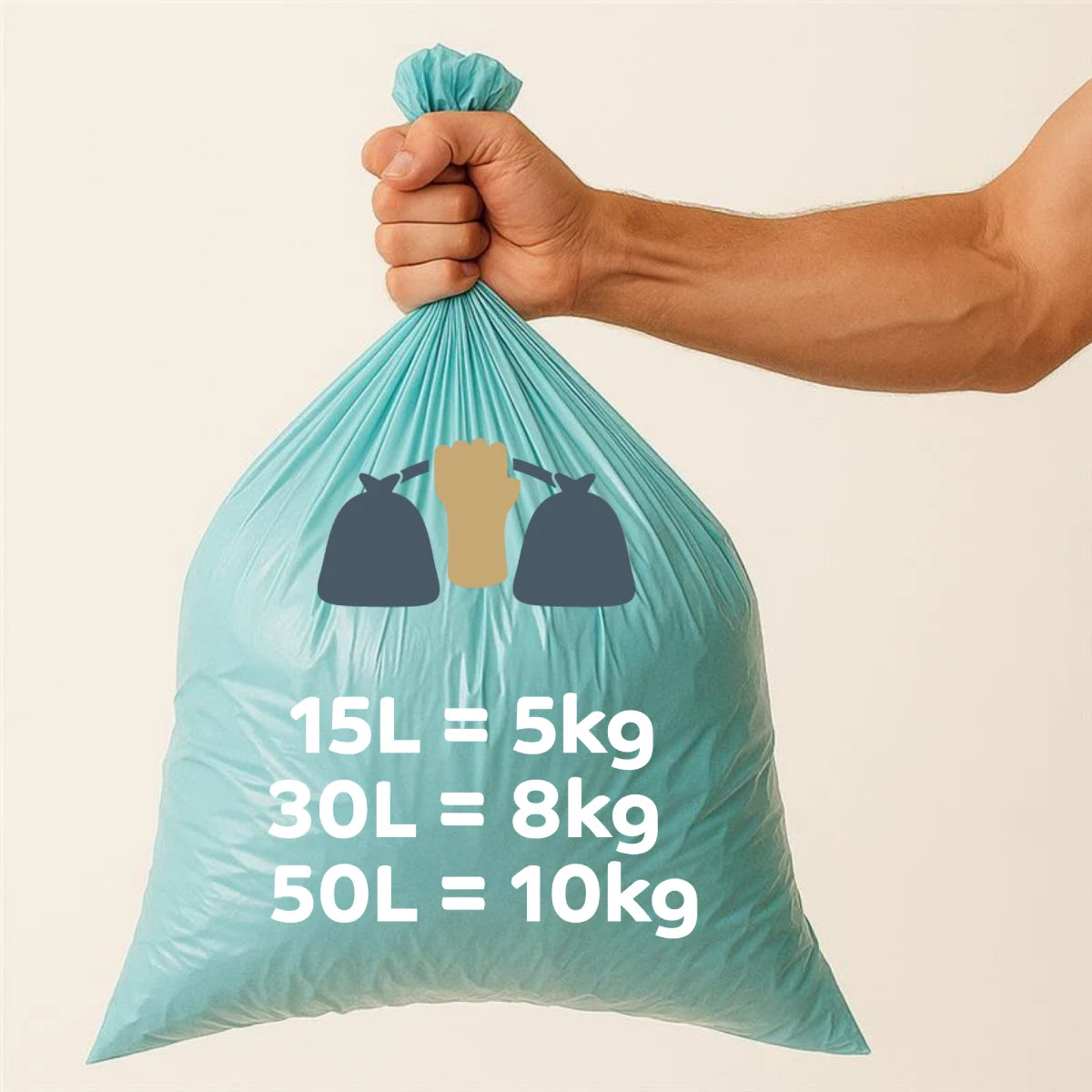 Hand holding a light blue trash bag with waste icons and &