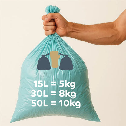 Hand holding a light blue trash bag with waste icons and &