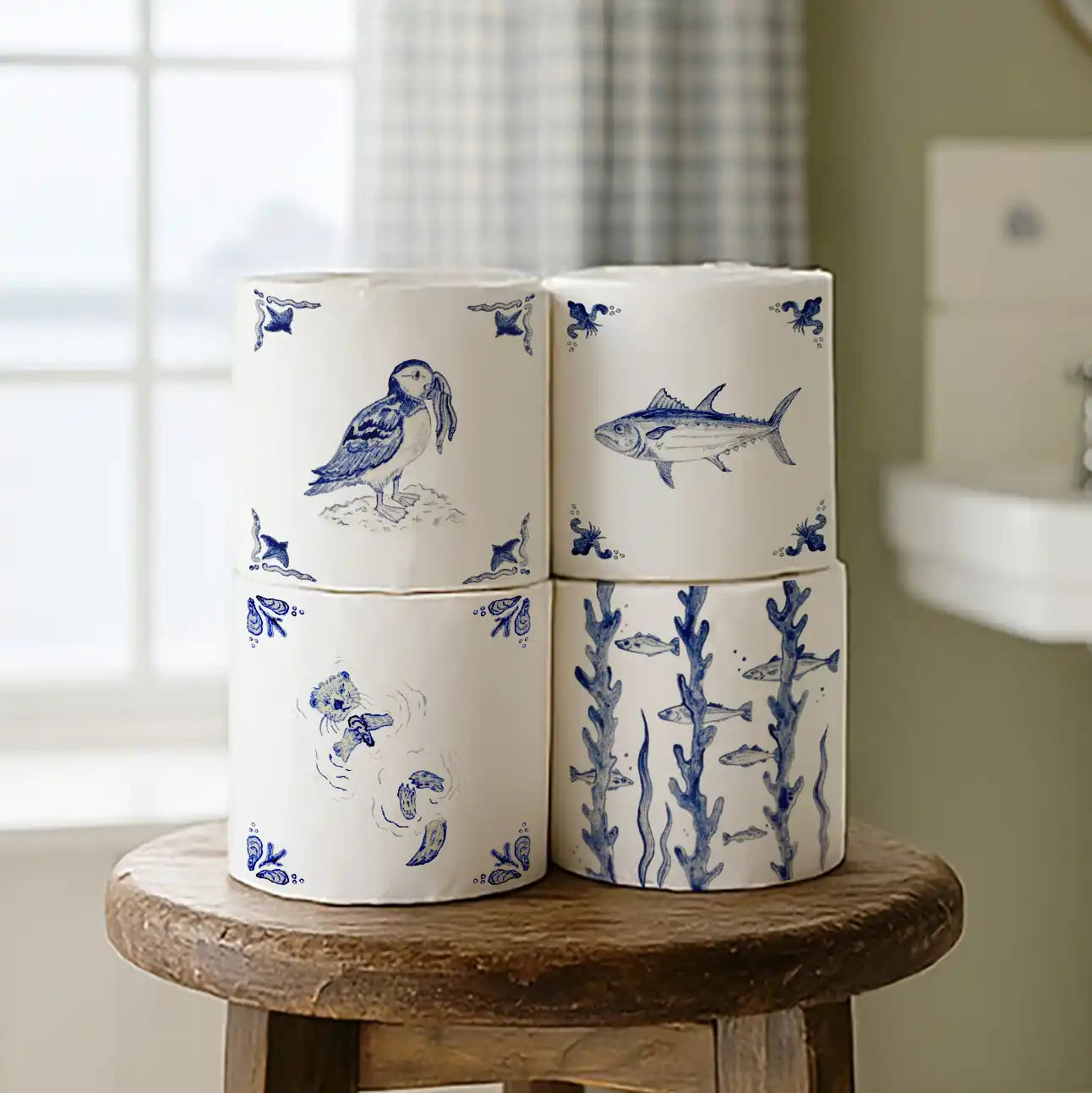 Four stacked toilet rolls with english deflt style wrappers featuring puffin, otter and tuna.