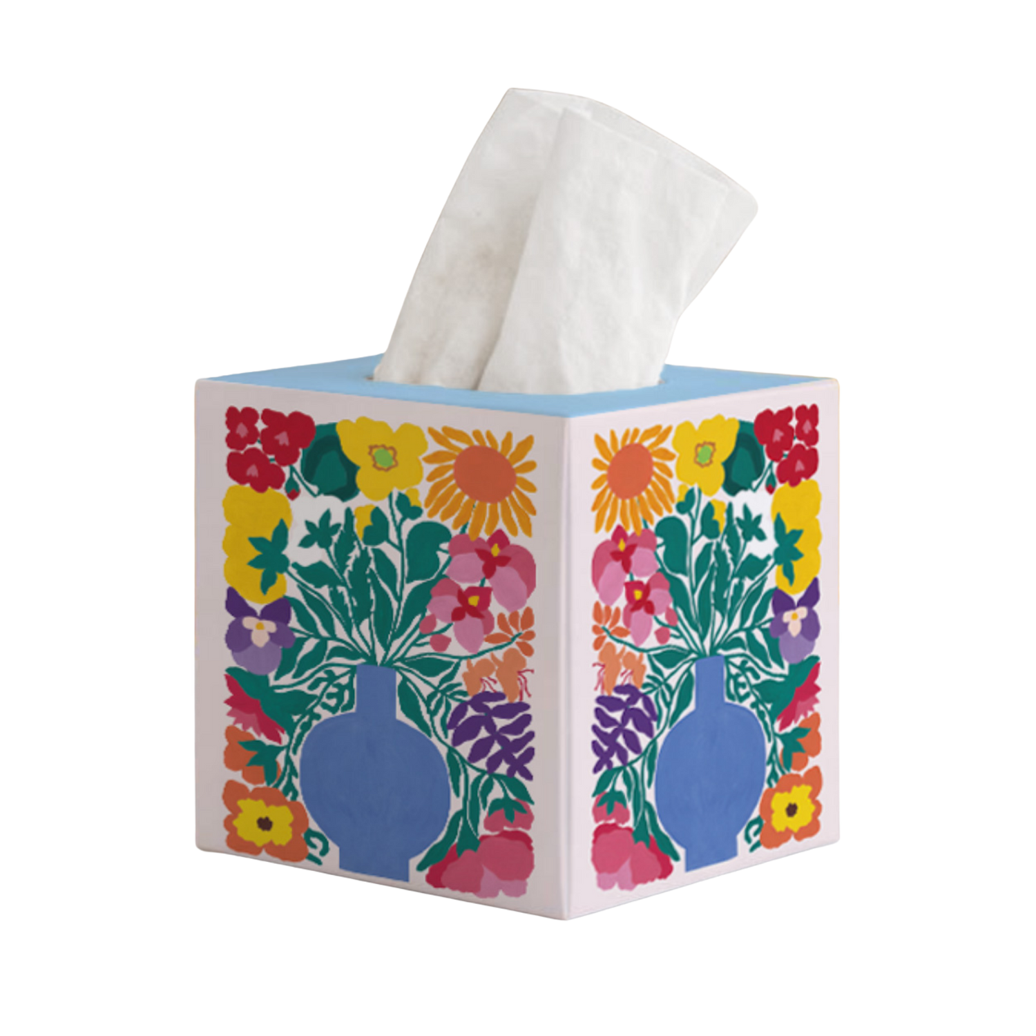Tissue box cover with floral and vase design on a white background