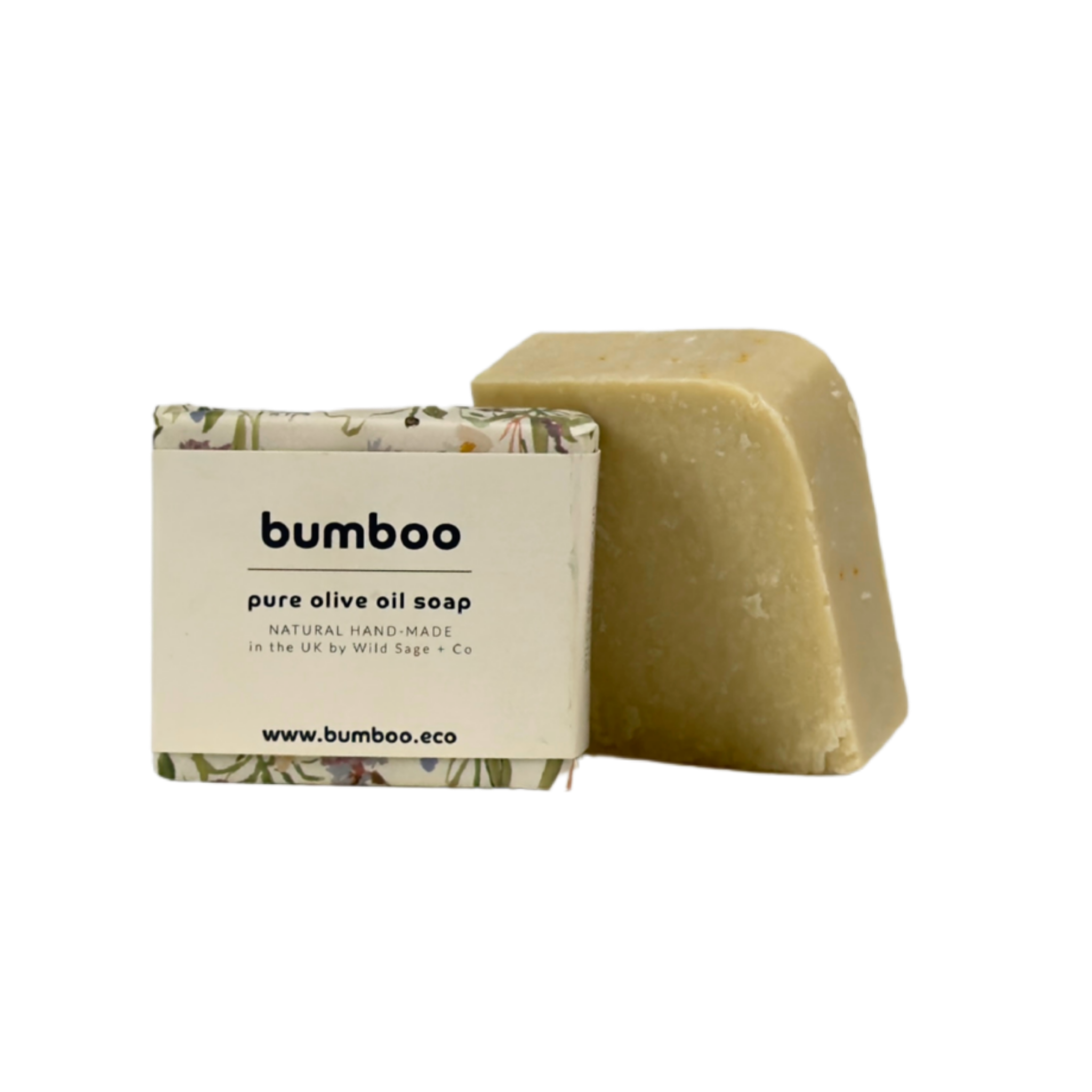 Bumboo pure olive oil soap with packaging on a white background