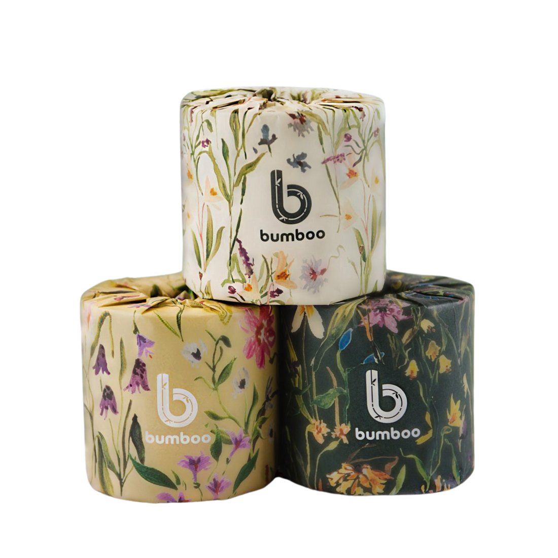 Stack of floral wrapped bamboo toilet paper