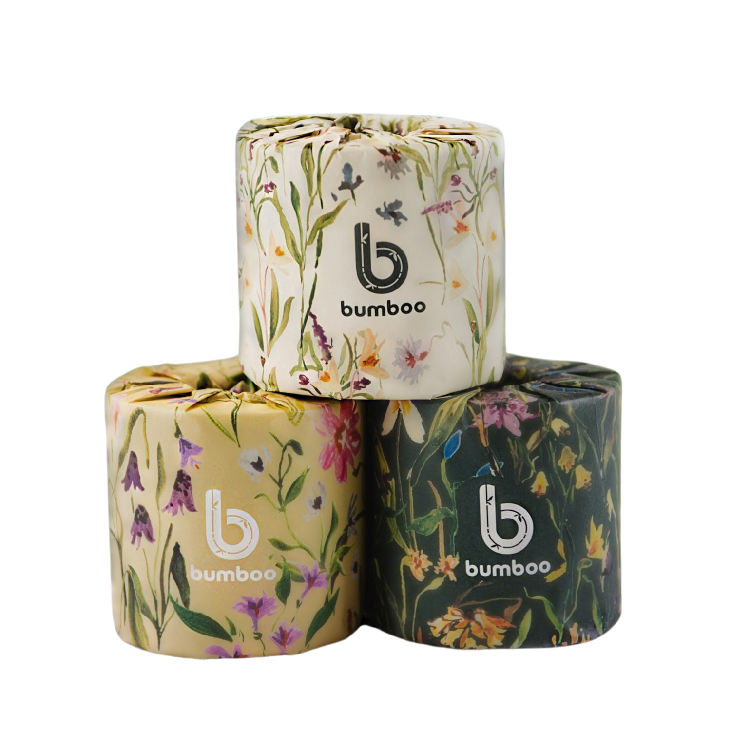 Stack of floral wrapped bamboo toilet paper