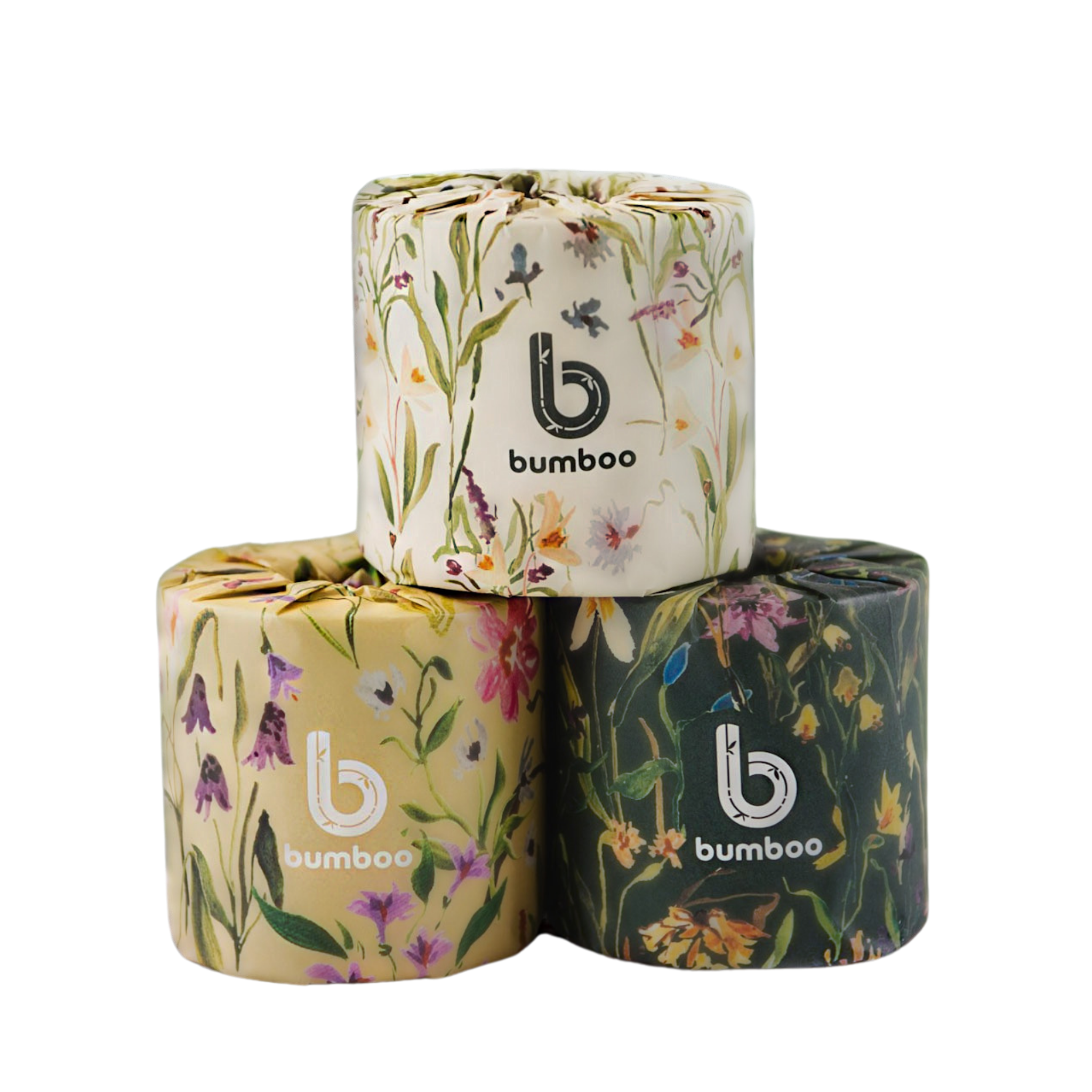 Stack of floral wrapped bamboo toilet paper